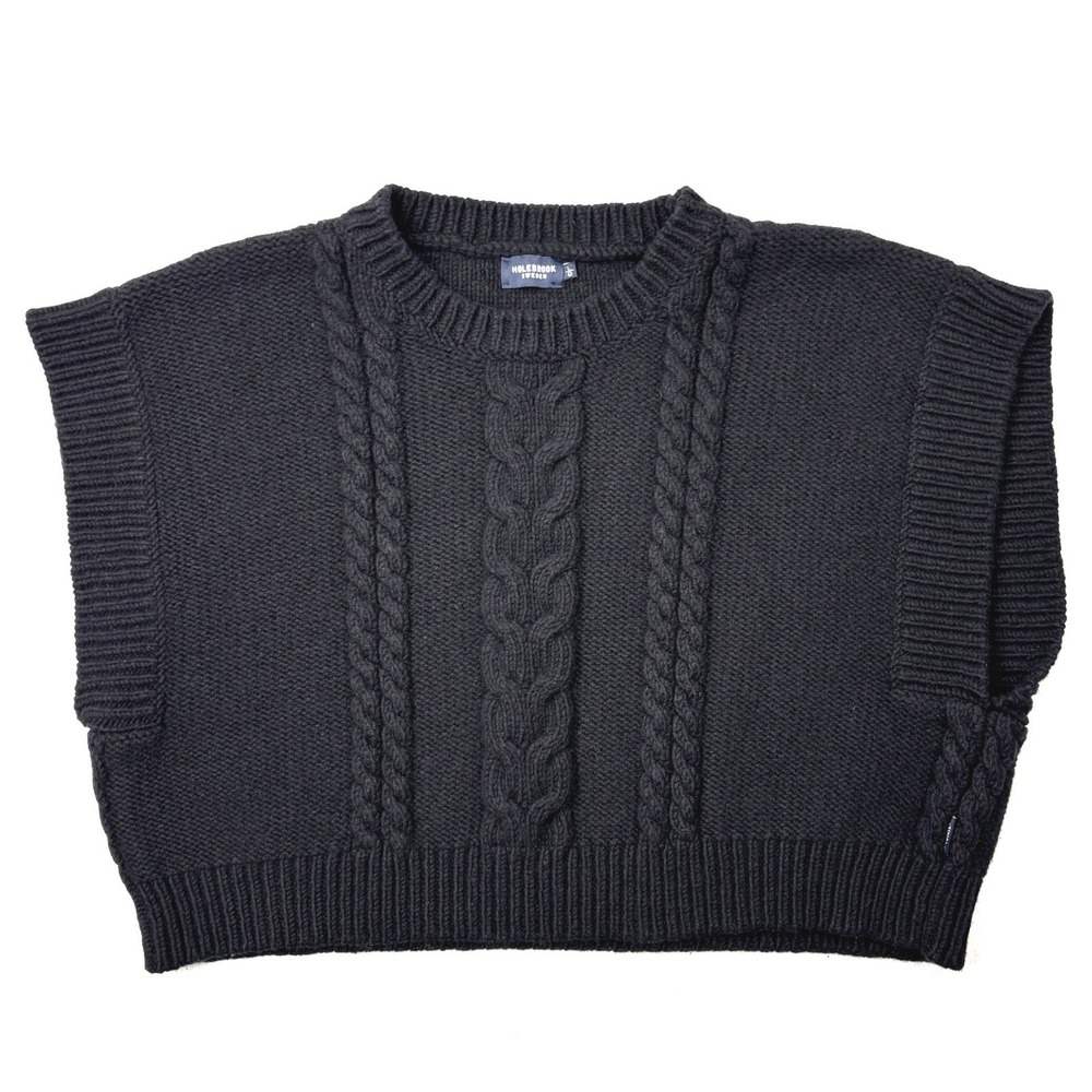 Holebrook Sweden Wool Sweater Vest Womens L Black Cable Knit Crop Top A22412